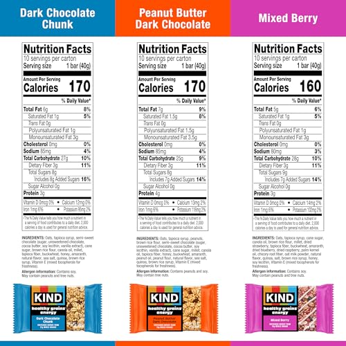 KIND Healthy Grains Energy® Bars 30ct Variety Pack, Dark Chocolate Chunk, Peanut Butter Dark Chocolate, and Mixed Berry, 18-21g Whole Grains, Made with Super Grains, Gluten Free Snacks - Image 2