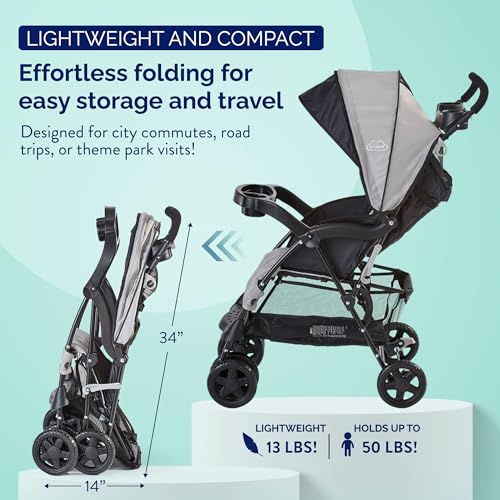Kolcraft Cloud Plus Lightweight Umbrella Stroller for Toddlers with Reclining Seat, Large Storage Basket, Canopy, Infant & Parent Trays, Compact Fold for Summer Travel, Durable Frame, Slate Gray - Image 2