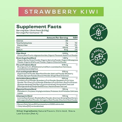 Bloom Nutrition Greens and Superfoods Powder Packets for Digestive Health, Greens Powder, Digestive Enzymes, Probiotics, Spirulina, Chlorella for Bloating & Gut Support, 15 Stick, Strawberry Kiwi - Image 4