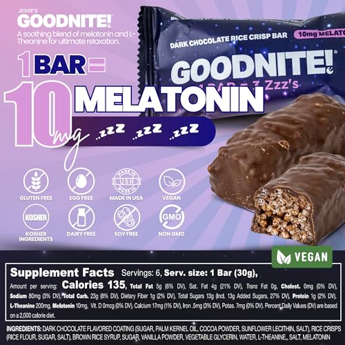 GOODNITE! Sleep Bars – Proprietary Blend with 10mg Melatonin & L-Theanine – Vegan, Gluten-Free, Kosher – Dark Chocolate Protein Snack for Restful Sleep a good night of rest. – 6 Pack - Image 3