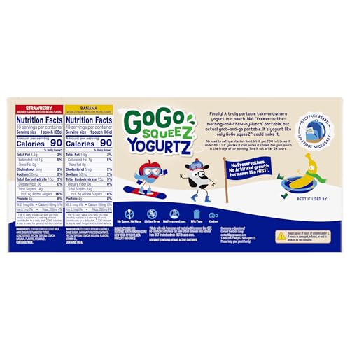 GoGo squeeZ yogurtZ Variety Pack, Strawberry & Banana, 3 oz (Pack of 20), Kids Snacks Made from Real Yogurt and Fruit, No Fridge Needed, Gluten Free, Nut Free, Recloseable Cap, BPA Free Pouches - Image 2