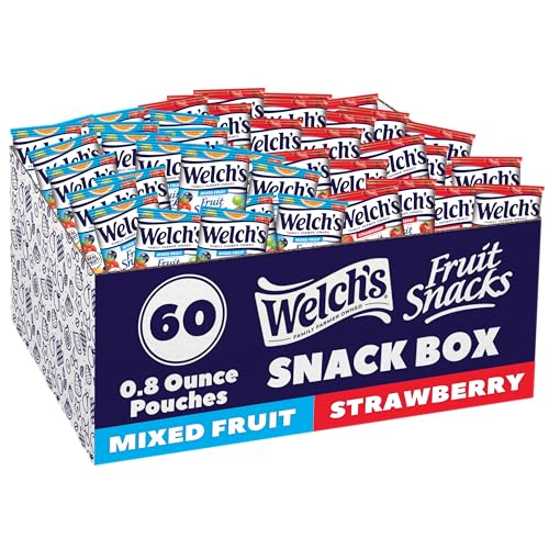 Welch's Fruit Snacks, Mixed Fruit & Strawberry Snack Box, Gluten Free, 0.8oz Snack Packs (Pack of 60)