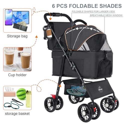 3 in 1 Pet Dog Stroller for Small Medium Dogs 10-50 lbs, Foldable Cat-Strollers for 2-Cats with Removable Carrier, Pet-Strollers for Cats with Storage Bag, Small Puppy-Stroller, Dog-Cart (Black) - Image 2