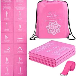 Foldable Yoga Mat for Women, Non Slip Exercise Mat for Home Gym, 5mm Travel Yoga Mats Set With Stretch Strap for Yoga Pilates and Fitness, 68"L x 24"W x 0.2 Inch Thick