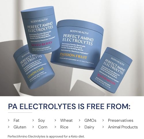 BodyHealth PerfectAmino Electrolytes Powder No Sugar, Hydration Fasting Keto Zero Sugar Electrolytes Drink Mix with Trace Minerals - Passion Fruit - 30 Servings - Image 5