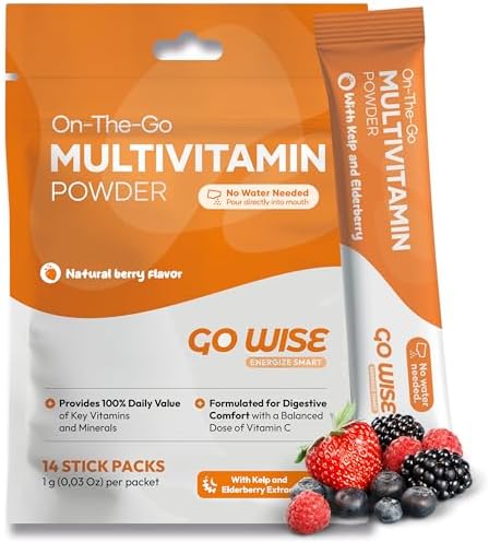 Go Wise On The Go Multivitamin Powder - Natural Berry Flavor - 14 Convenient Stick Packs - Portable Vitamin Supplement for Travel, Daily Nutrition, Energy and Immune Support for Men and Women
