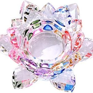 OwnMy 4.5 Inch Crystal Lotus Candle Tealight Holder, Glass Candle Lamps Holder Night Light Candlestick with Gift Box for Altar windowsill Home Decor Christmas Wedding Party (Rainbow)