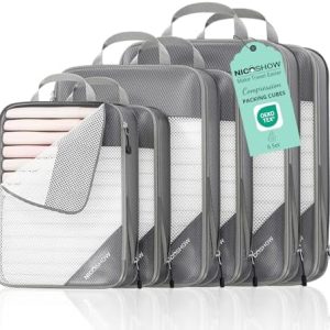 6 Set Compression Packing Cubes for Travel - Compressible, Lightweight, and Space-Saving Packing Cubes, Travel Essentials for Women, Grey