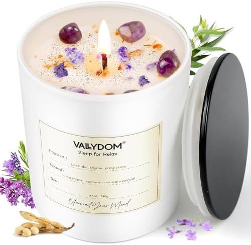 Scented Candles for Home Scented, 8.5oz Lavender Candle for Sleep & Relaxing, Soy Candles for Women/Men, 51 Hours Aromatherapy Candle with Crystals & Dry Flowers
