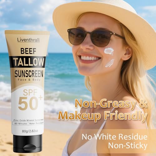 Mineral Sunscreen with Non-Toxic Zinc Oxide SPF 50, Organic Natural Beef Tallow Sunblock with Honey Beeswax, Non Greasy Formula for Face, Body and Skin - Women and Men, 2.82 oz (80g) - Image 5