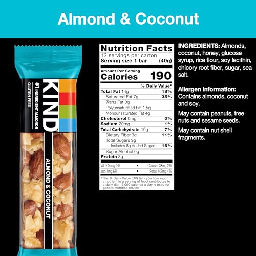 KIND Nut Bars, Almond & Coconut, Healthy Snack Bars, Gluten Free, Low Sodium, 3g Protein, 12 Count - Image 3