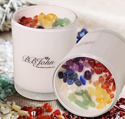 Chakra Crystal Candle - Manifestation Intention - Healing Crystals Gemstones - Seven Chakras Stones - Meditation - Spiritual Aromatherapy - Stress Relief, Relaxing & Balance - Natural Soy Wax