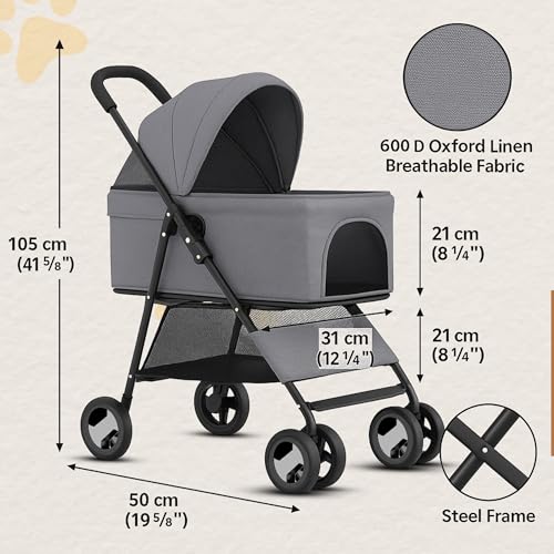 3 in 1 Pet Stroller - Foldable Dog Stroller & Pet Carrier - Included with Storage Bag, Cup Holder & Pet Leach - Cat Carrier with Detachable Basket & Breathable Canopy (Grey) - Image 7