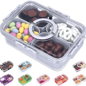 Snackle Box Container with Lid- Travel Charcuterie Box with Handle - Organizer for Candy, Fruit, Nuts, Veggies, Snacks, Beach Essentials, Portable Lunch Box (Grey, Small)