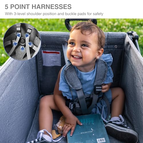 EVER ADVANCED Foldable Wagons for Two Kids & Cargo, Collapsible Folding Stroller with Adjustable Handle Bar,Removable Canopy with 5-Point Harness Gray - Image 4