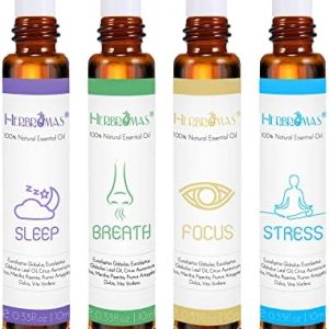 Aromatherapy Oils Roller Set, Natural Pre-diluted Essential Oils Roll On with Glass Rollerball, Relaxation Gift for Women & Men, Christmas Gift, Pack 4 x 0.33fl.oz