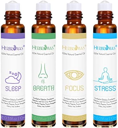 Aromatherapy Oils Roller Set, Natural Pre-diluted Essential Oils Roll On with Glass Rollerball, Relaxation Gift for Women & Men, Christmas Gift, Pack 4 x 0.33fl.oz