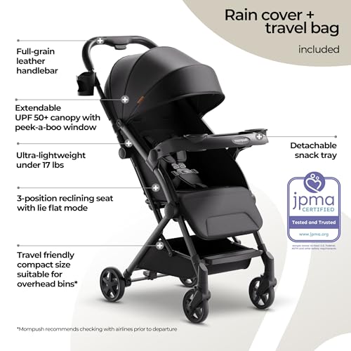 Mompush Lithe V2 Lightweight Travel Stroller, Compact Foldable Baby Stroller with Travel Bag, One-Hand Fold Stroller, Snack Tray, Mechanical Recline Seat, Airplane-Ready, UPF 50+ Canopy & Rain Cover - Image 2