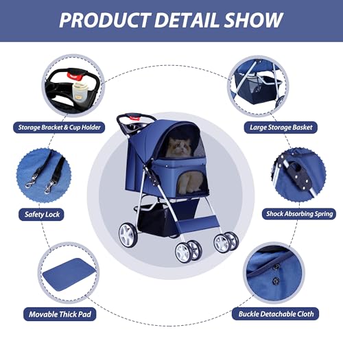 4 Wheels Pet Stroller for Small Medium Dogs Cats 10-33 lbs, Foldable Dog and Cat Stroller with Cup Holder & Storage Basket & Breathable Mesh, Pet Strolling Cart for All-Season, Navy Blue - Image 5