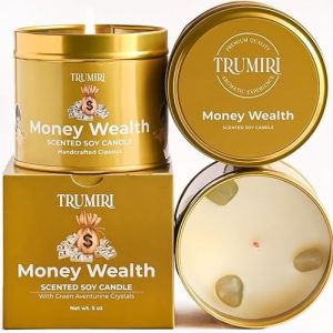 Money Wealth - Crystal Candles for Home Scented - 5oz Soy Wax Natural Clean Organic Non Toxic with Essential Oils - for Real Cash Luck Manifestation Aromatherapy Gift Bathroom - Long Lasting Candel