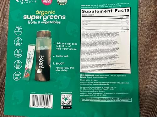 Zena Nutrition Organic Super Greens Powder, 70+ Superfoods, 0 Sugar, 3G Fiber, Spirulina, Chlorella, Antioxidants, Prebiotics/Probiotics, Digestive Enzymes, Mixed Berry, 30 Drink Mix Packets - Image 9