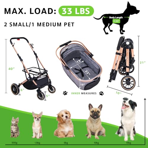 Foldable Medium Dog Stroller - 3 in 1 Pet Stroller with Detachable Storage Basket 4 All-Terrain Rubber Wheels Pull Rod Durable Travel Carrier for Max 33 lbs Medium Dogs 2 Small Cats (Grey) - Image 4