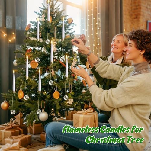 Pack of 12 Flickering Remote 0.5" x6" LED Short Taper Candles with 12 Crystal Ball Hooks, Battery Operated Timer Window White Plastic Flameless Warm Light Candlesticks for Holiday Decor - Image 2