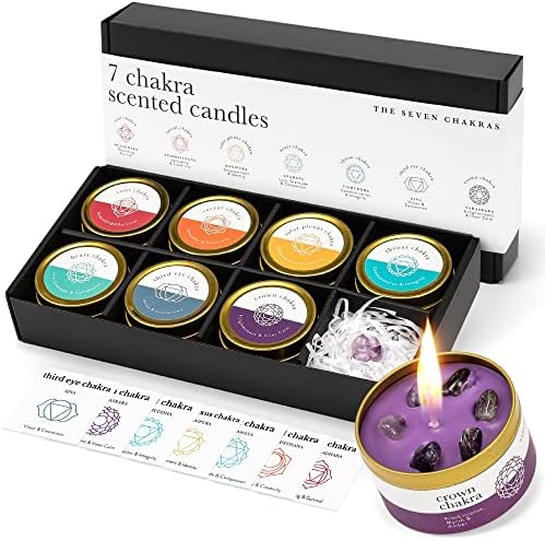 Chakra Candle Box Set of 7 with Crystals Inside | for Aromatherapy, Meditation, Yoga, Reiki and Mindfulness | Gift Box Candles