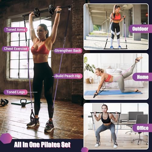 Pilates Bar Kit with Resistance Bands, Multifunctinal Exercise Bar with Ab Roller for Pilates/Abs/Weight Loss, Portable Home Gym Pilates bar kit for Full Body Training Women - Image 5