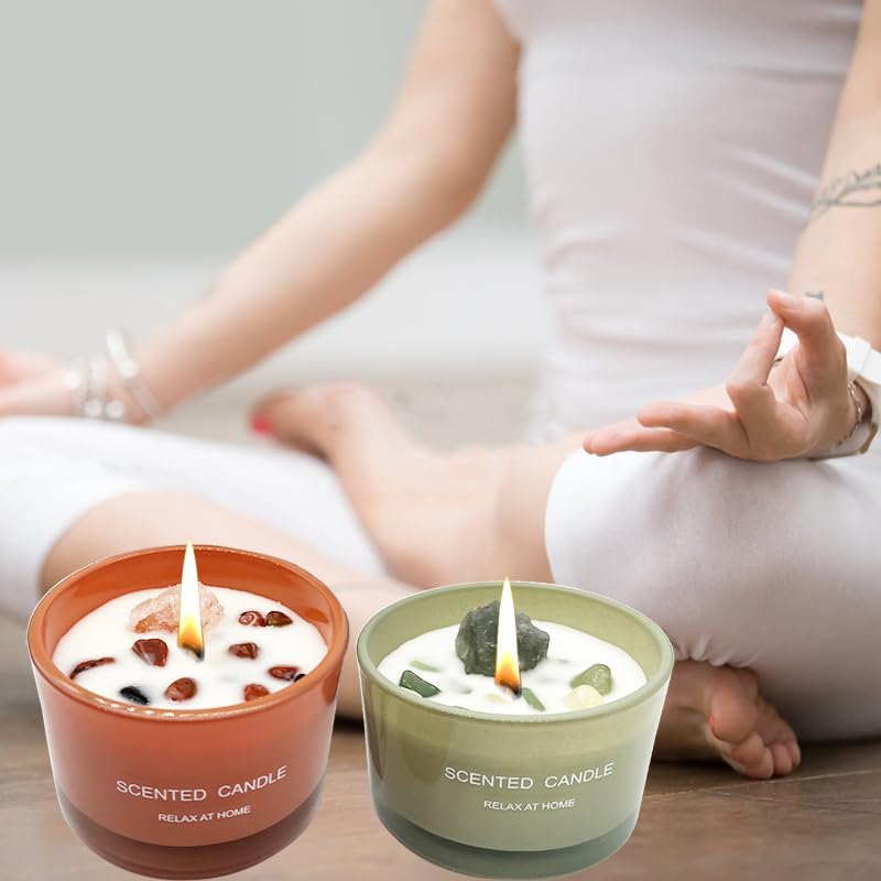 Healing Crystal Candles Chakra Jar Candle Soy Candle Gifts for Women Scented Candle Set 2 Pack Green and Orange - Image 4