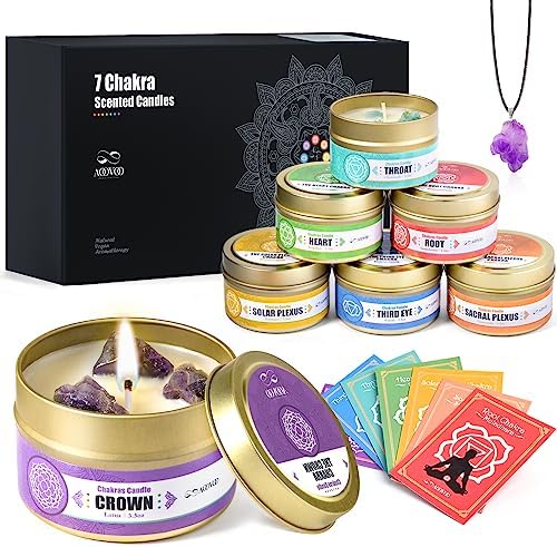 AOOVOO Chakra Candles with Healing Crystals - 7 Chakra Candle Set, Spiritual Gifts for Women, Aromatherapy Candle, Soy Candles for Women