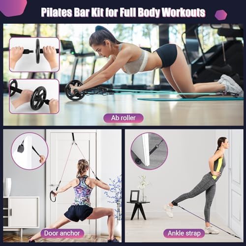 Pilates Bar Kit with Resistance Bands, Multifunctinal Exercise Bar with Ab Roller for Pilates/Abs/Weight Loss, Portable Home Gym Pilates bar kit for Full Body Training Women - Image 6