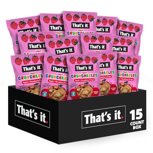 That’s it. Fruit Crunchables Apple + Strawberry Crisps, 15-Pack – 100% Real Fruit Snacks for Kids, Plant-Based, Non-GMO, Gluten-Free, No Sugar Added, Allergen-Free, Healthy Lunchbox Snack