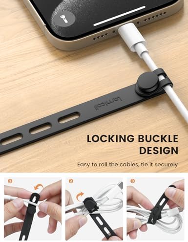 10Pack Silicone Cable Ties Cord Organizer Wrap - Lamicall Durable Reusable Wire Management with Lock Buckle, Elastic Charger Cable Strap Ties, Electrical Cord Keeper for Travel, Home Accessories - Image 3