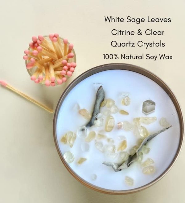 White Sage Smudge Candle with Citrine and Quartz Gemstone Crystals 6.4 oz Made with Natural Soy Wax Scented with Essential and Fragrance Oils (White) - Image 2
