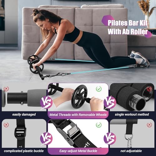 Pilates Bar Kit with Resistance Bands, Multifunctinal Exercise Bar with Ab Roller for Pilates/Abs/Weight Loss, Portable Home Gym Pilates bar kit for Full Body Training Women - Image 2