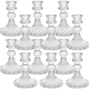 Candlestick Holders Set of 12-4" H Crystal Taper Candle Holders, Thick Glass Candle Stand with Diamond Pattern for Table, Wedding, Party, Church Decoration, Home Decor