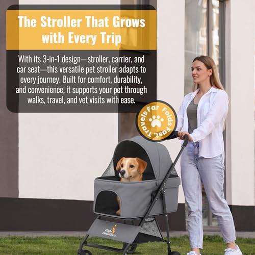 3 in 1 Pet Stroller - Foldable Dog Stroller & Pet Carrier - Included with Storage Bag, Cup Holder & Pet Leach - Cat Carrier with Detachable Basket & Breathable Canopy (Grey) - Image 8