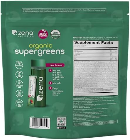 Zena Nutrition Organic Super Greens Powder, 70+ Superfoods, 0 Sugar, 3G Fiber, Spirulina, Chlorella, Antioxidants, Prebiotics/Probiotics, Digestive Enzymes, Mixed Berry, 30 Drink Mix Packets - Image 8