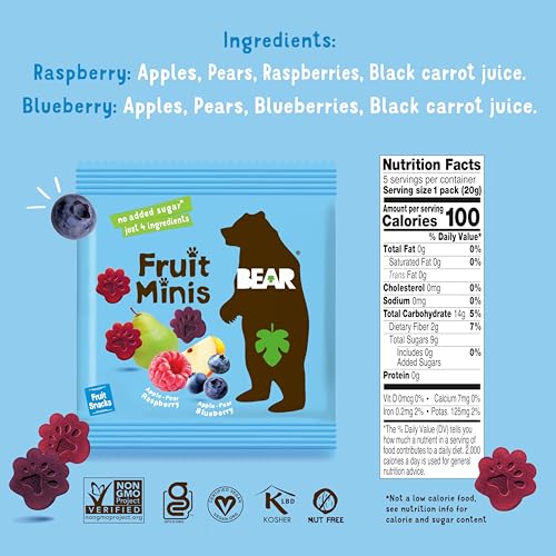 BEAR Real Fruit Snack Minis, Raspberry/Blueberry, No added Sugar, All Natural, Bite Sized Snacks for Kids, Non GMO, Gluten Free, Vegan, 0.7 Oz (Pack of 18) - Image 2