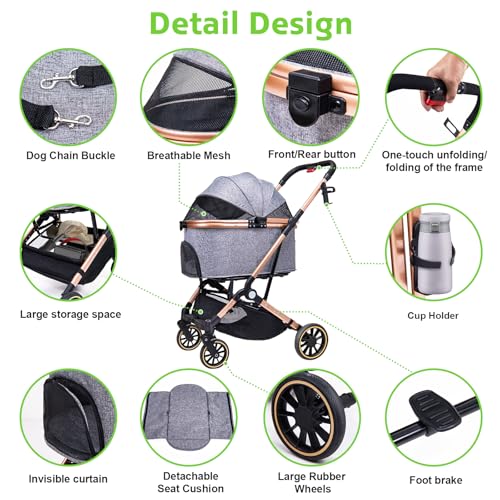 Foldable Medium Dog Stroller - 3 in 1 Pet Stroller with Detachable Storage Basket 4 All-Terrain Rubber Wheels Pull Rod Durable Travel Carrier for Max 33 lbs Medium Dogs 2 Small Cats (Grey) - Image 6
