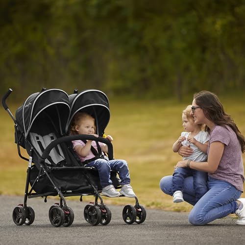 Dream On Me Volgo Twin Umbrella Stroller in Black, Lightweight Double Stroller for Infant & Toddler, Compact Easy Fold, Large Storage Basket, Large and Adjustable Canopy - Image 2