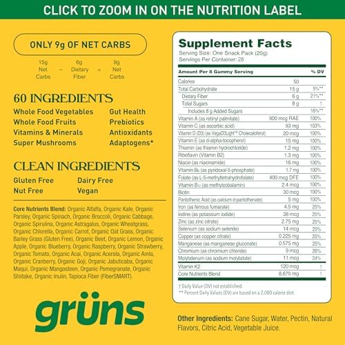 Gruns Adults Super Greens Gummies, Multivitamin Superfood Gummy Bears with Spirulina, Chlorella, Prebiotics & Fiber for Digestive Health, Adaptogens Supplement with 20 Vitamins & Minerals, 28 Count - Image 9