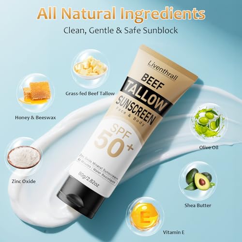 Mineral Sunscreen with Non-Toxic Zinc Oxide SPF 50, Organic Natural Beef Tallow Sunblock with Honey Beeswax, Non Greasy Formula for Face, Body and Skin - Women and Men, 2.82 oz (80g) - Image 2