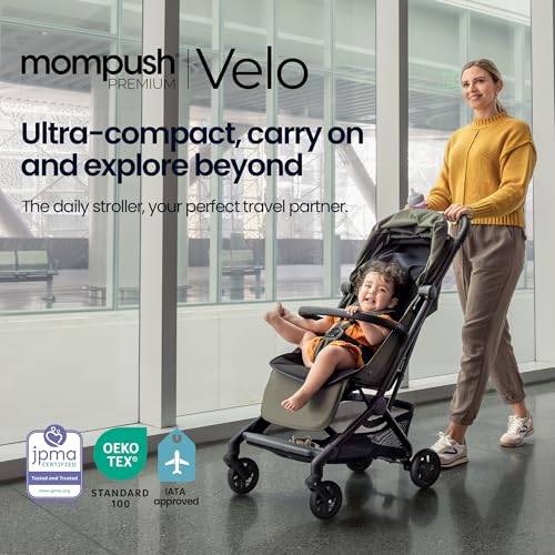 Mompush Velo Lightweight Travel Stroller, Compact & Airplane-Friendly for Baby and Toddler, Lie-Flat Seat, One-Hand Fold, with Leather Bumper Bar, Shoulder Strap, Raincover, Storage Bag & Cup Holder - Image 2