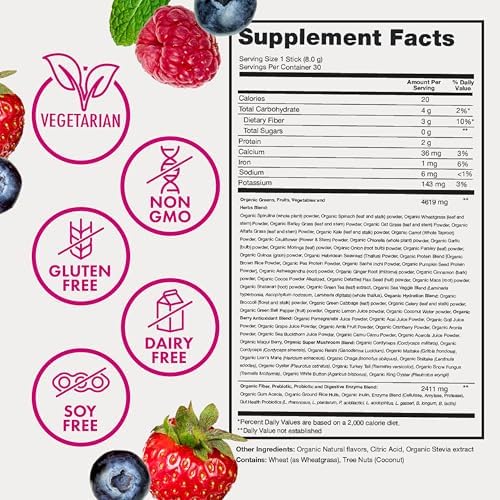 Zena Nutrition Organic Super Greens Powder, 70+ Superfoods, 0 Sugar, 3G Fiber, Spirulina, Chlorella, Antioxidants, Prebiotics/Probiotics, Digestive Enzymes, Mixed Berry, 30 Drink Mix Packets - Image 4