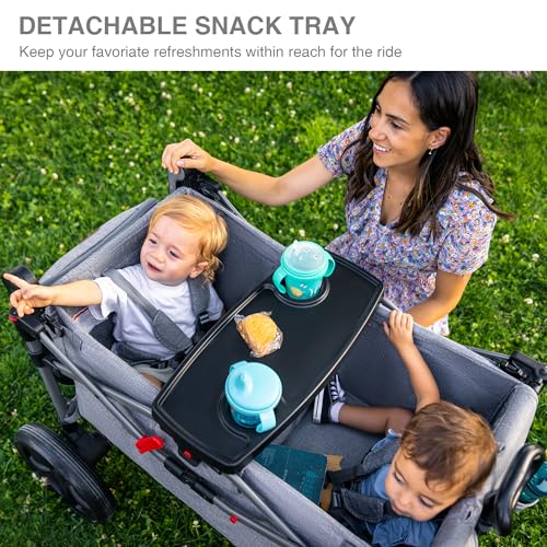 EVER ADVANCED Foldable Wagons for Two Kids & Cargo, Collapsible Folding Stroller with Adjustable Handle Bar,Removable Canopy with 5-Point Harness Gray - Image 3