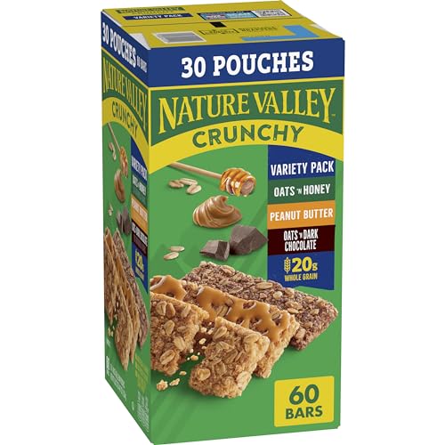 Nature Valley Crunchy Granola Bars Bulk Variety Pack, Oats 'n Honey, Peanut Butter & Oats 'n Dark Chocolate, 30 Two-Bar Wrapped Pouches (60 Bars Total), Whole Grain, No Artificial Flavors, 44.7 OZ