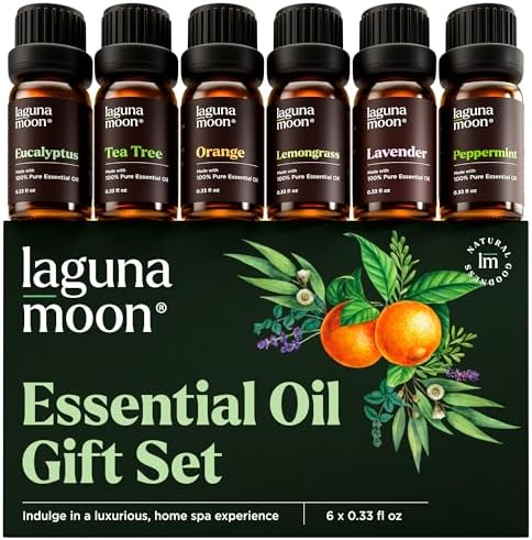 Lagunamoon Essential Oils Set - Top 6 Blends for Diffusers, Home Care, Candle Making Scents, Fragrance, Aromatherapy, Humidifiers, Gifts - Peppermint, Tea Tree, Lavender, Eucalyptus, Orange (10mL)