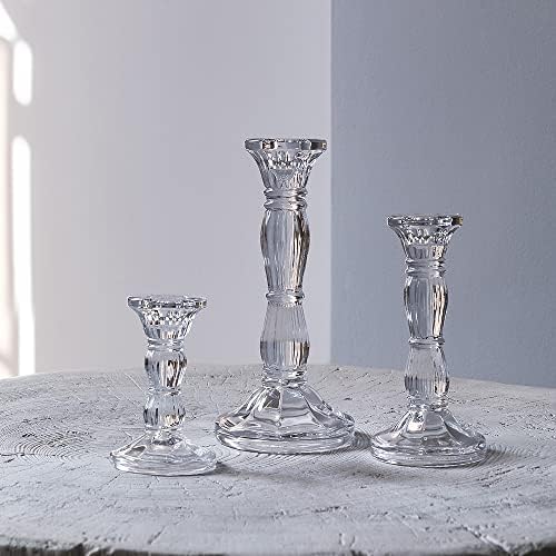 3Pack Glass Candle Stick Holders - Clear Crystal Taper Candles Holder– Table Centerpieces for Buring Candles, Led Taper Candle,Party and Wedding Decoration(4,6,8inches Tall)